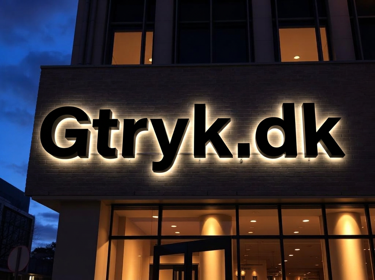 Facadeskilt med 3D bogstaver 'Gtryk.dk' og varm halo-belysning monteret på en murstensfacade ved skumring.