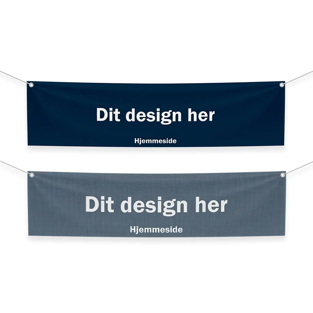 Mockup af vinylbanner (mørkeblåt) og meshbanner (gråblåt med synlig mesh-struktur), begge med teksten Dit design her og ophæng i hjørnerne.