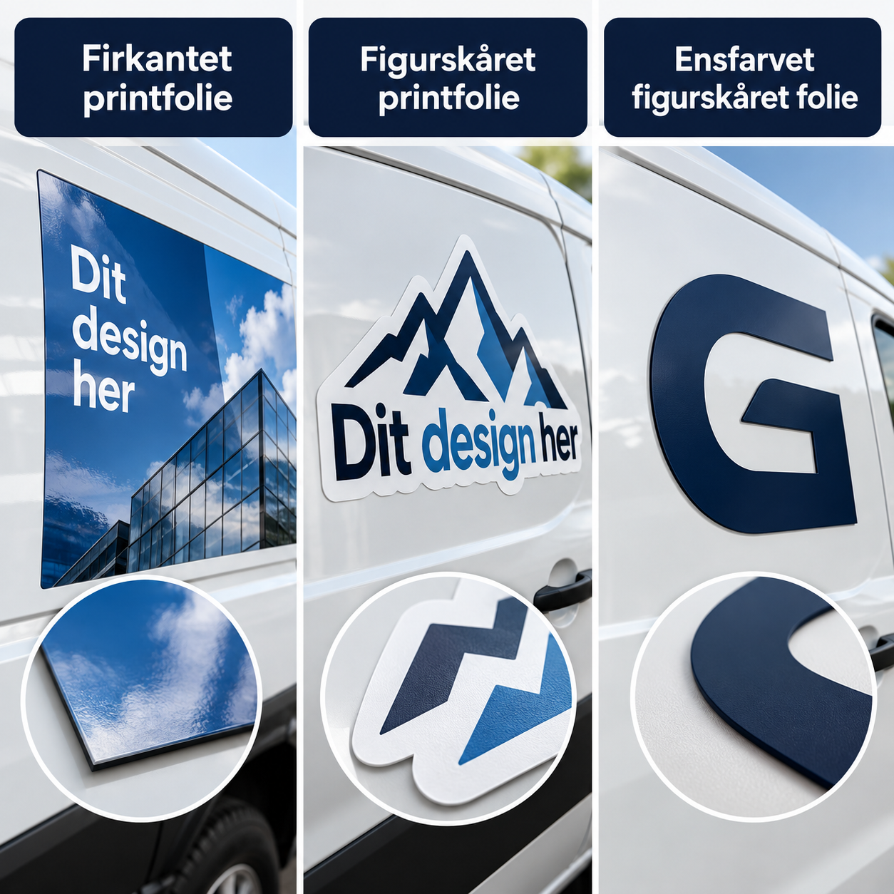 Sammenligning af firkantet printfolie, figurskåret printfolie og ensfarvet figurskåret folie på en varebil