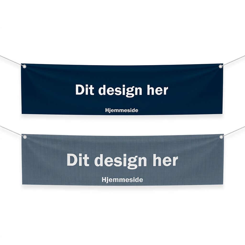 Mockup af vinylbanner (mørkeblåt) og meshbanner (gråblåt med synlig mesh-struktur), begge med teksten Dit design her og ophæng i hjørnerne.