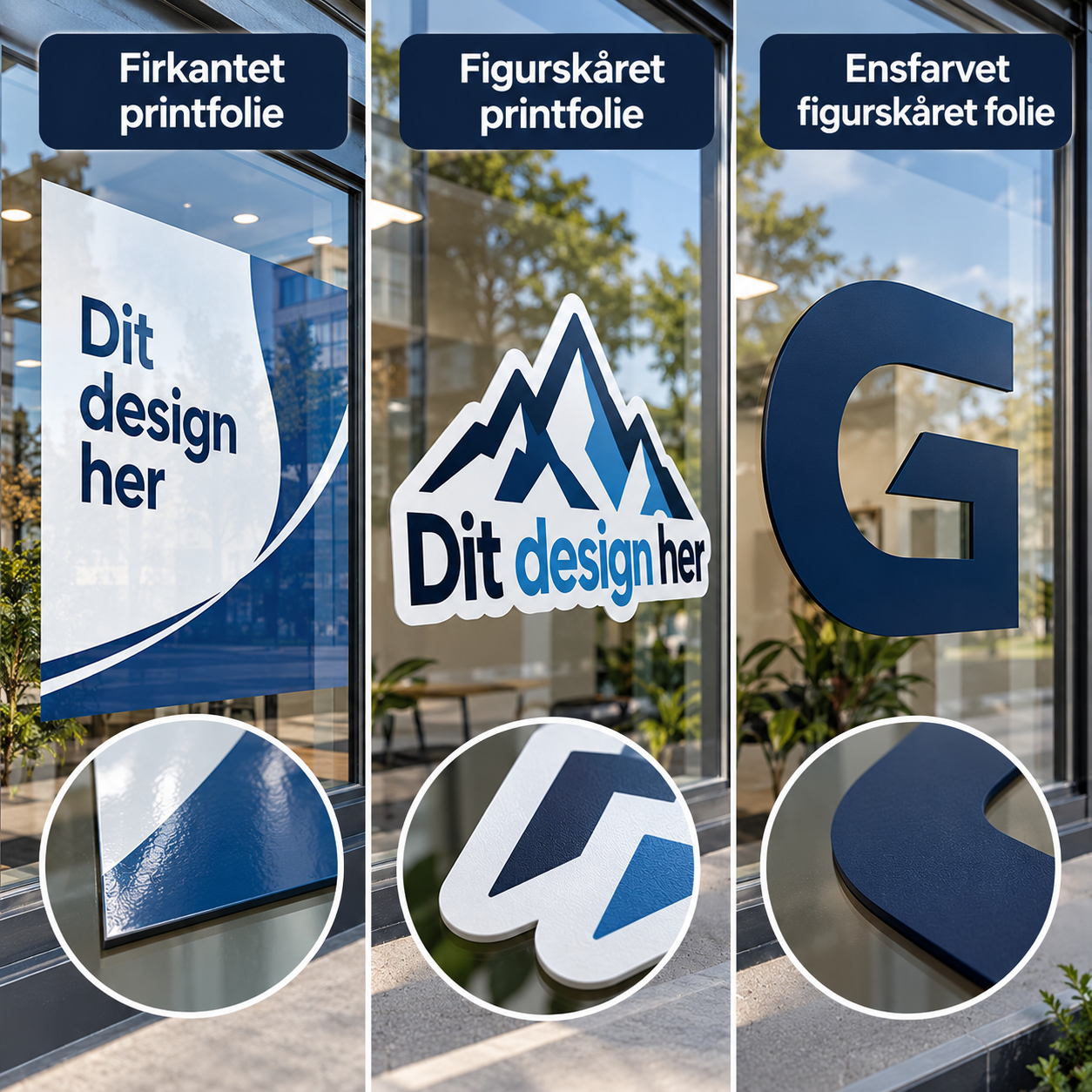 Sammenligning af firkantet printfolie, figurskåret printfolie og ensfarvet figurskåret folie på et butiksvindue
