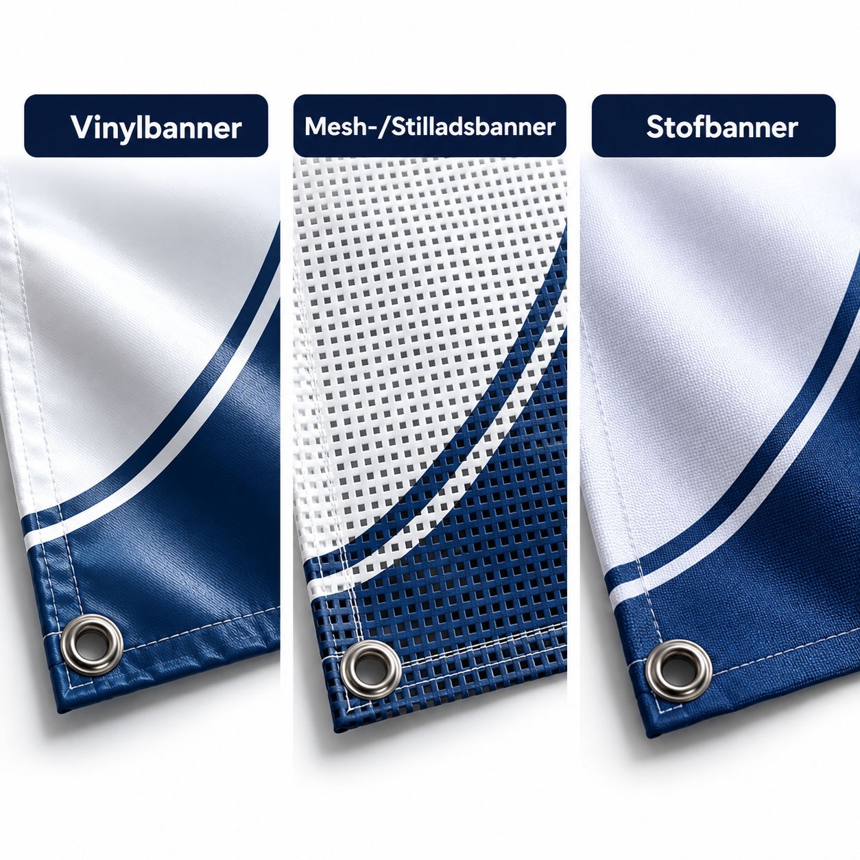 Nærbilleder af de tre bannermaterialer side om side: vinylbanner, mesh-/stilladsbanner og stofbanner med kantenål i hjørnet.