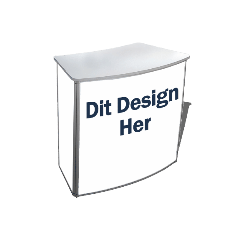 Buet messedisk i aluminium med printet frontgrafik og LED-lys