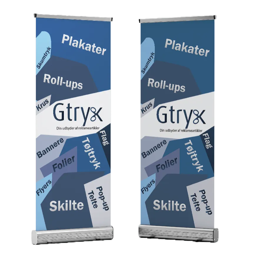 Roll-up 85x200 cm med printet grafik i aluminiumskassette