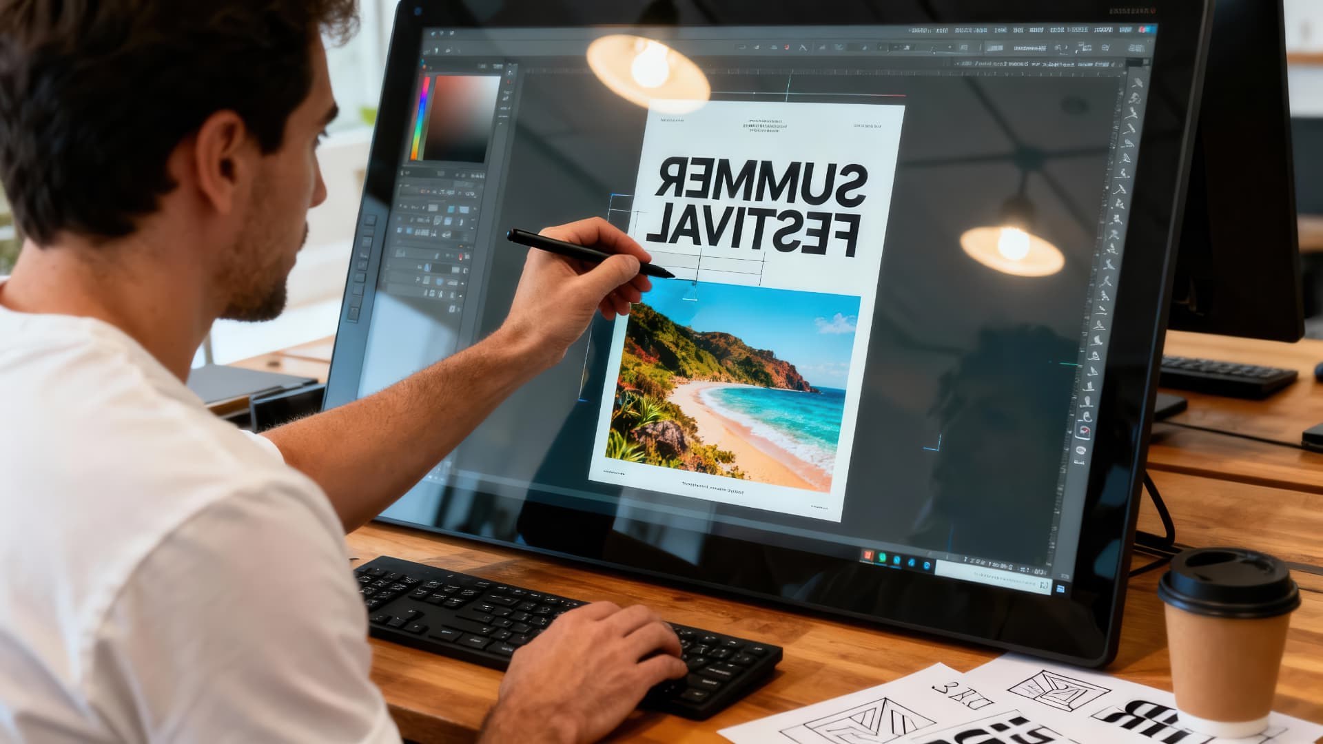 Grafiker der arbejder med logo og trykklart layout på skærm