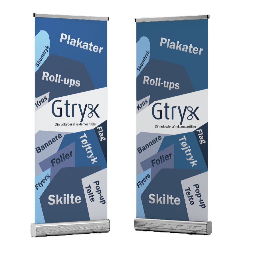 Roll-up banner i aluminiumskassette med printet grafik trukket op ved siden af en stand