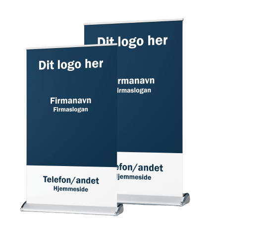 Dobbelt mini roll-up med logo, firmanavn og slogan