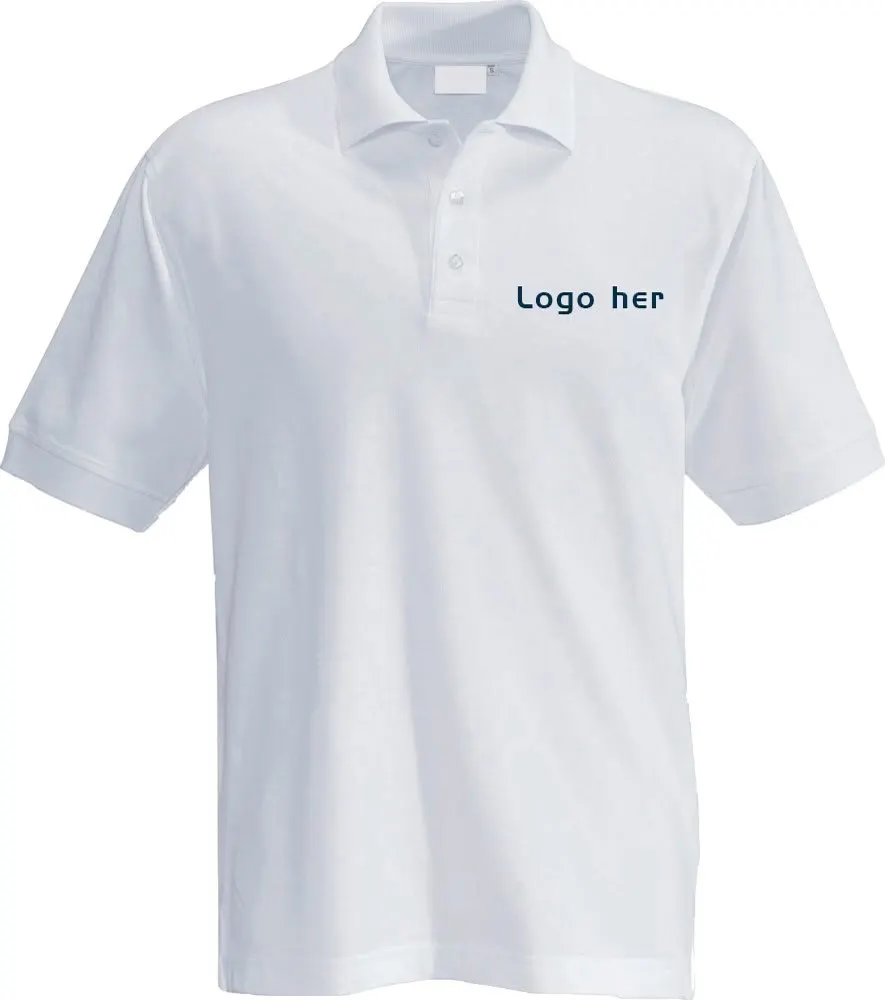 Hvid poloshirt som mockup med teksten 'Logo her' placeret på brystet – eksempel på arbejdstøj med firmalogo.