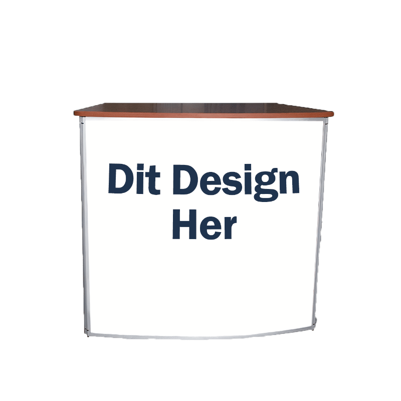 Buet messedisk med hvid bordplade og eget tryk på front og sider