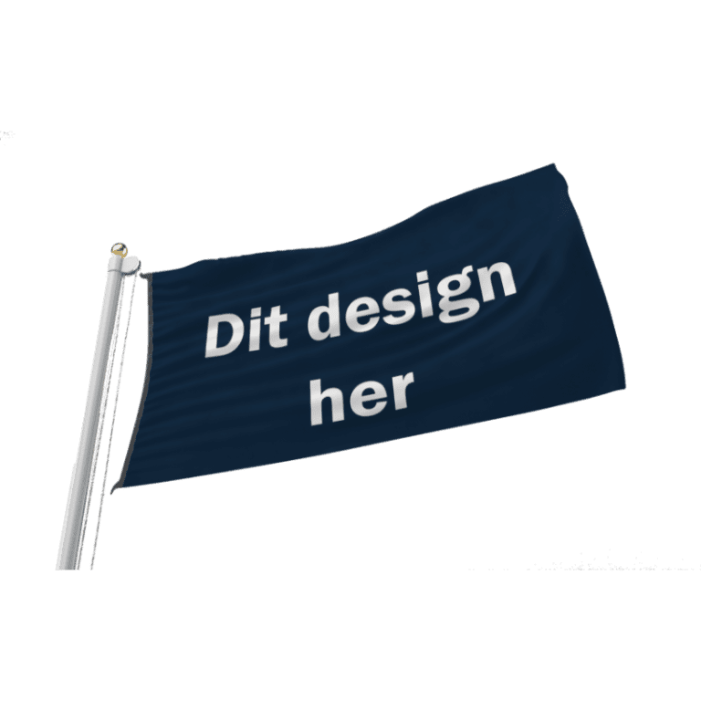 Trykt firmaflag der vajer på en flagstang foran en virksomhed