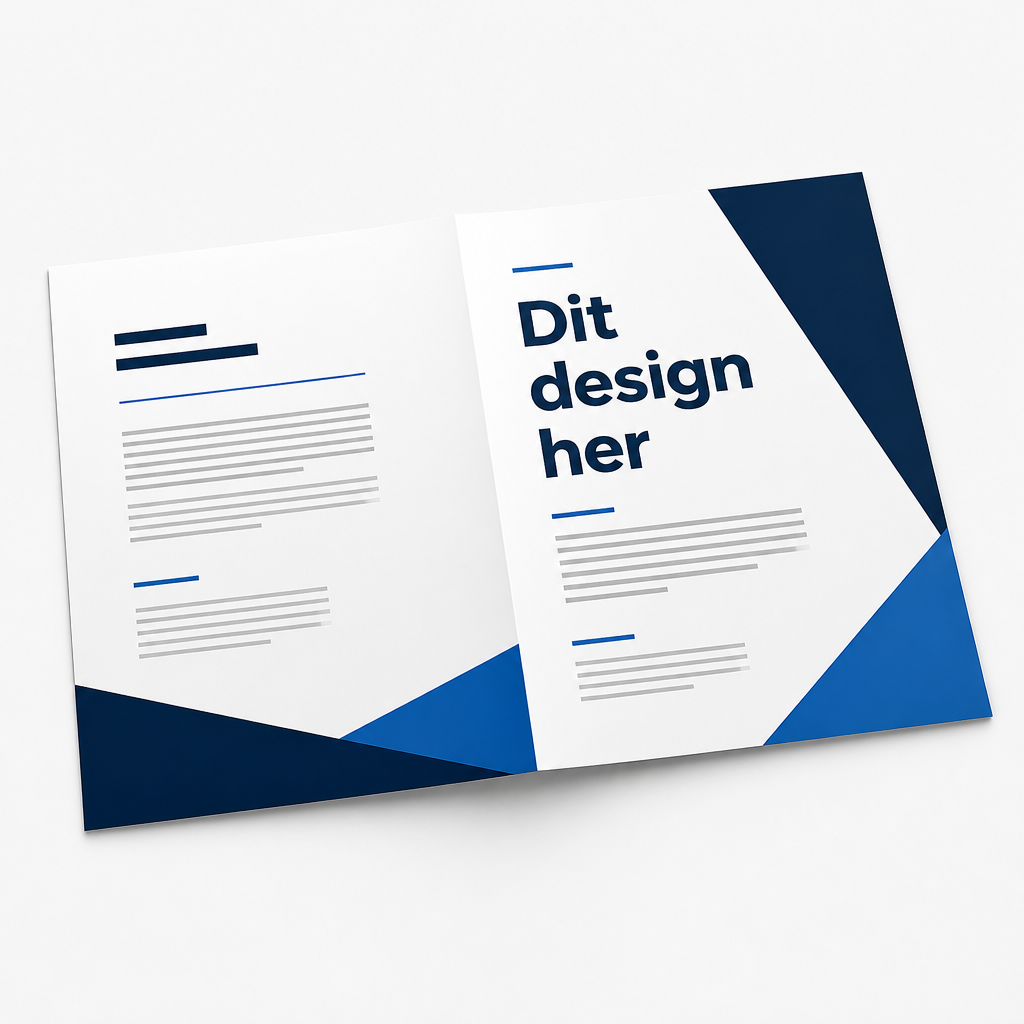 Foldet brochure i tre fals åbnet, så billeder og tekst i opslaget ses
